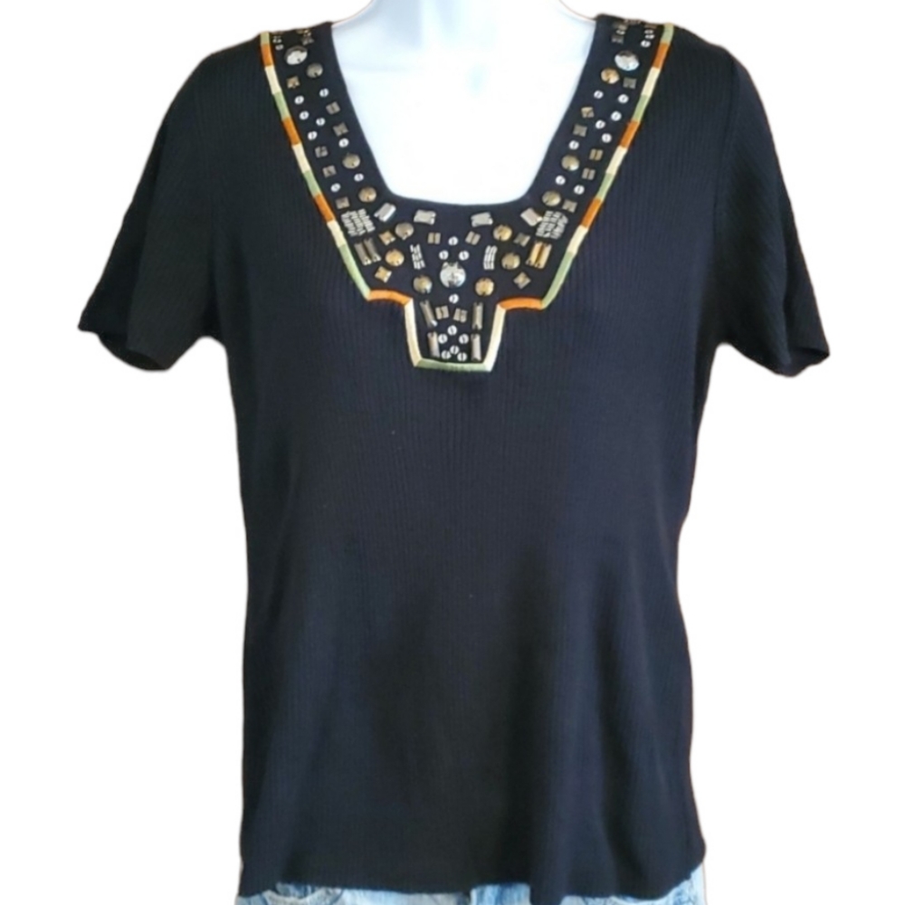 Requirements Women's Black Short Sleeved Sweater with Brass Accents on N…